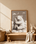 Polar Bear Nursery Print with gray clouds for kids room decor