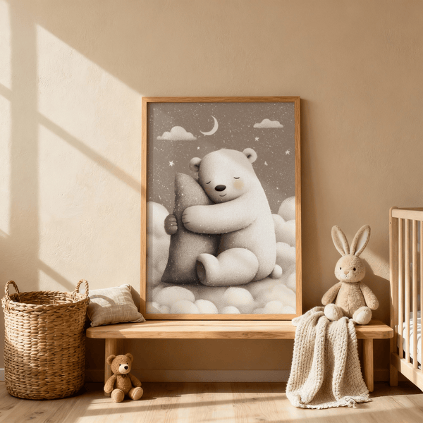 Polar Bear Nursery Print with gray clouds for kids room decor
