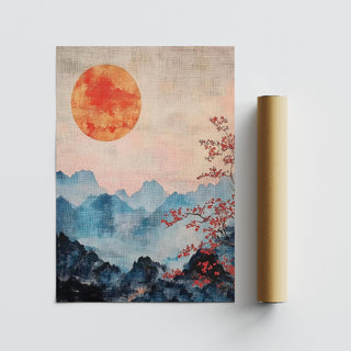Japanese Mountain Art showing red sun above gentle blue ridges and floral detail.