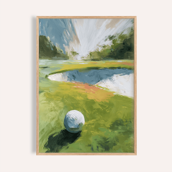 Foreground golf ball on fairway poster with bunker and trees