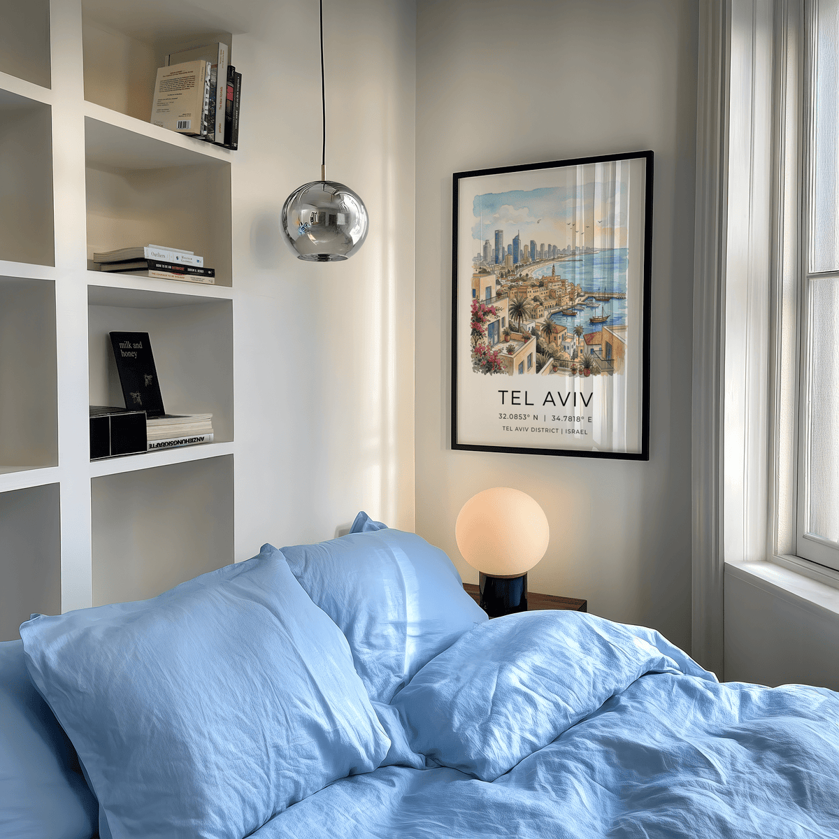Illustrated cityscape poster showing Tel Aviv shoreline, high-rises, and old harbor buildings