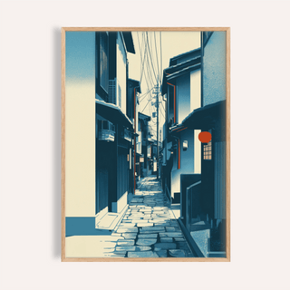 Framed Japanese street wall art with blue and cream tones and a red lantern detail