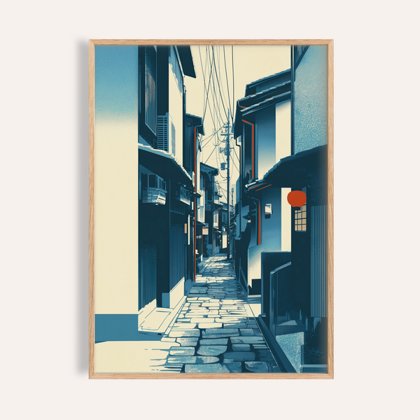 Framed mockup of Japanese Street Wall Art poster showing a narrow alleyway scene