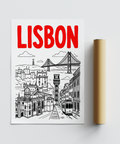 Graphic Lisbon landmark collage poster print with bridge and cathedral-like facade