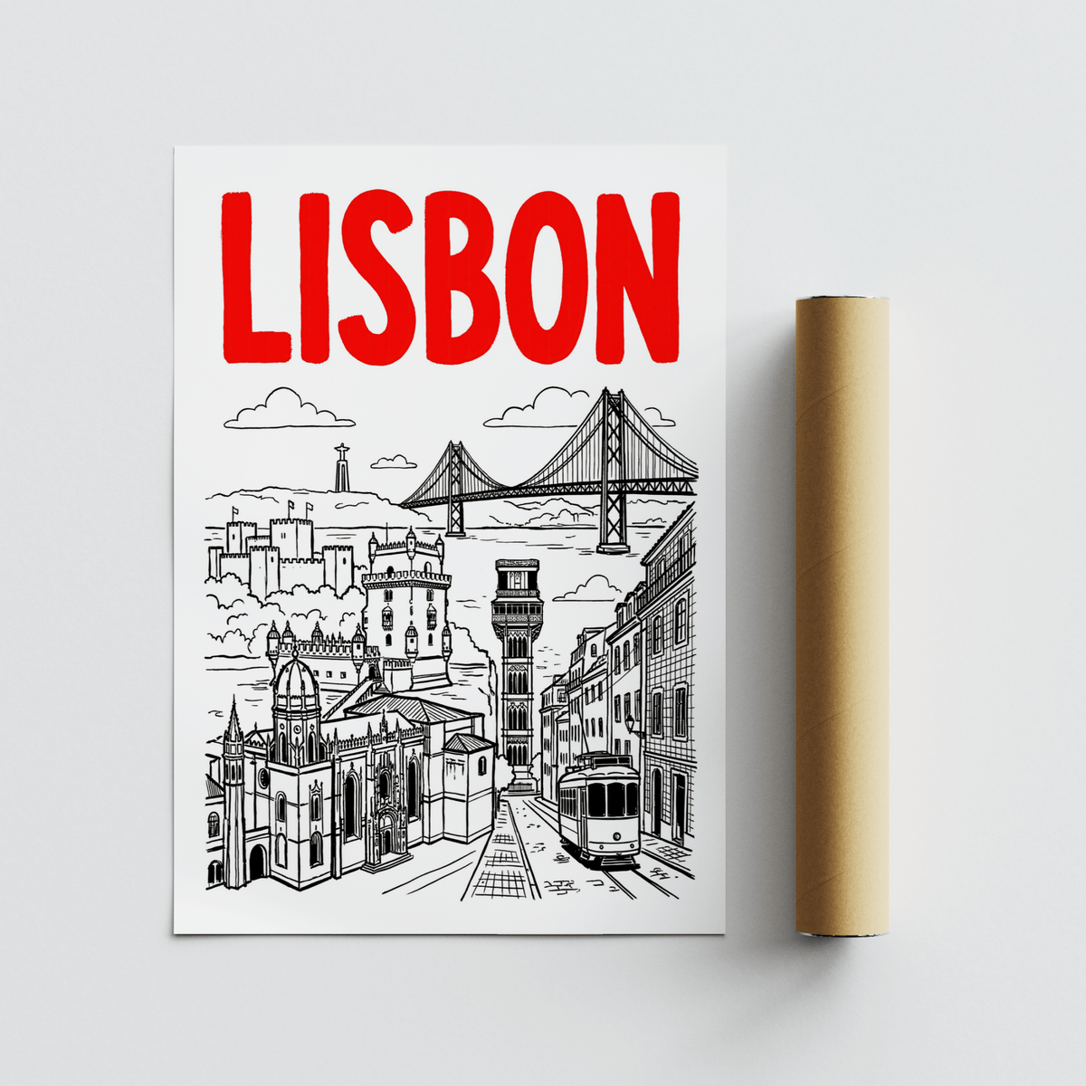 Graphic Lisbon landmark collage poster print with bridge and cathedral-like facade
