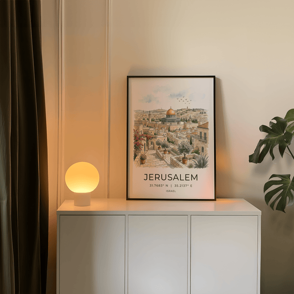 Travel-style cityscape print of Jerusalem with potted trees, rooftops, and coordinates text