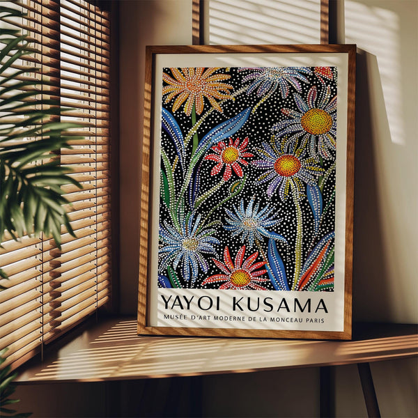 Black background floral pop art with yellow and red flower centers.