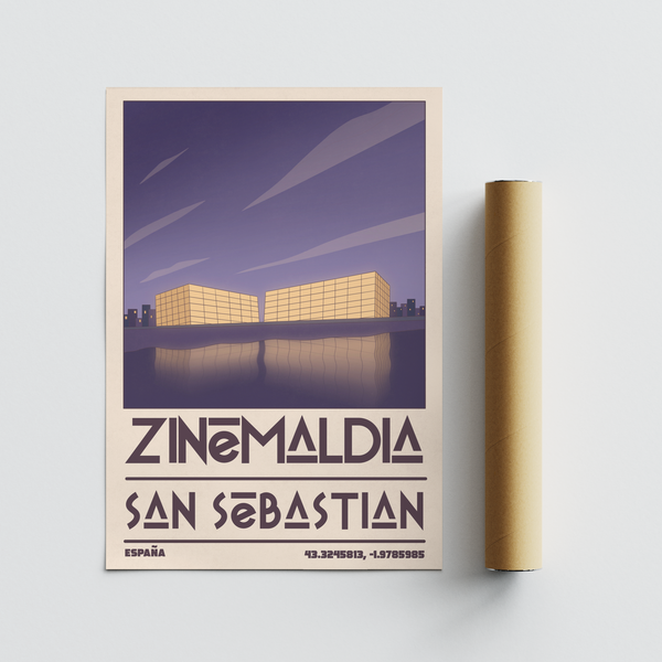 San Sebastian Wall Art travel poster with bold lettering and simplified cityscape