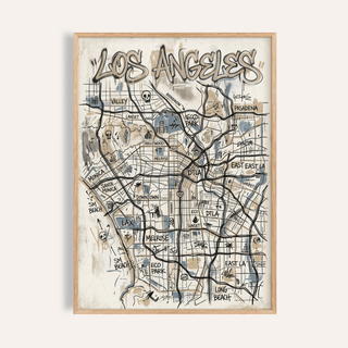 Los Angeles Map Art poster overview with hand-drawn street grid