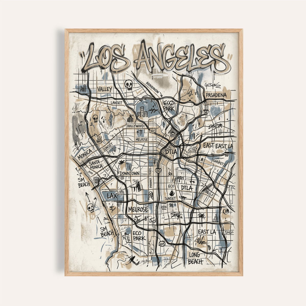 Los Angeles Map Art poster overview with hand-drawn street grid