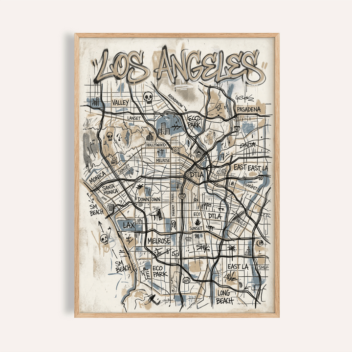 Los Angeles Map Art poster overview with hand-drawn street grid