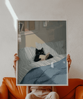cat reading book wall art featuring black cat, cozy study poster