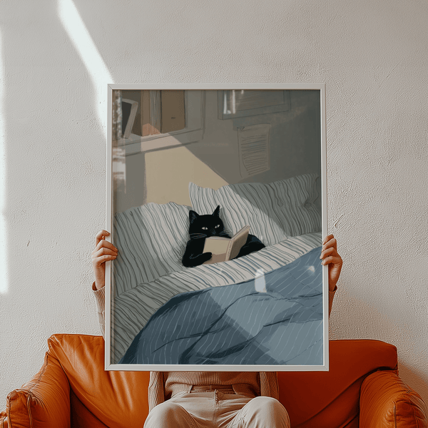 cat reading book wall art featuring black cat, cozy study poster