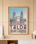 Illustrated cathedral façade poster with two towers, arched entrance, and palm trees wall art print