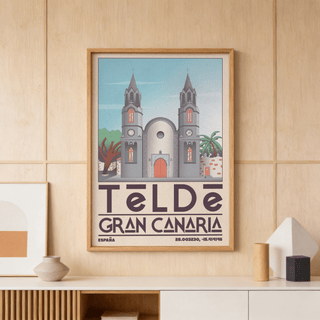 Illustrated cathedral façade poster with two towers, arched entrance, and palm trees wall art print