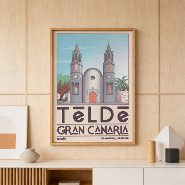 Illustrated cathedral façade poster with two towers, arched entrance, and palm trees wall art print