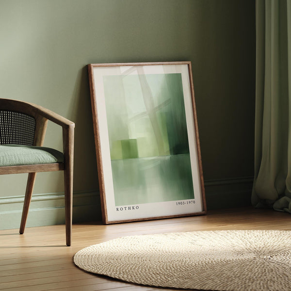 Green abstract wall art poster with blurred tonal transitions and soft depth.