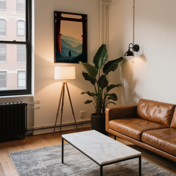 Graphic landscape poster with receding mountain ridges in muted hues