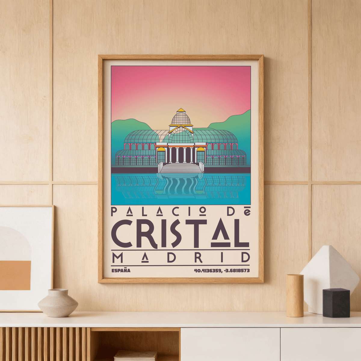 Palacio De Cristal Print framed above modern sofa in bright interior
