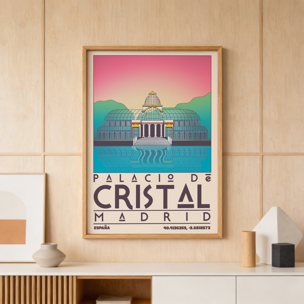 Palacio De Cristal Print framed above modern sofa in bright interior