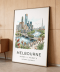 Hand-drawn Melbourne poster with modern buildings and riverside plants