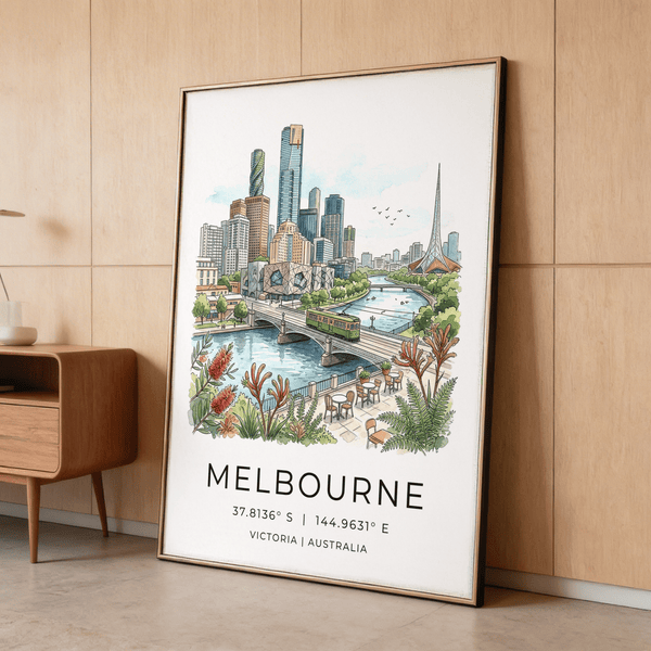 Hand-drawn Melbourne poster with modern buildings and riverside plants