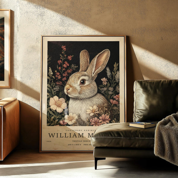 Cottagecore-style vintage rabbit art with botanical florals and a central bunny figure.