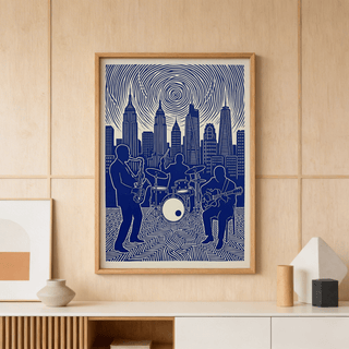 Graphic poster print of jazz trio silhouettes in front of city skyscrapers