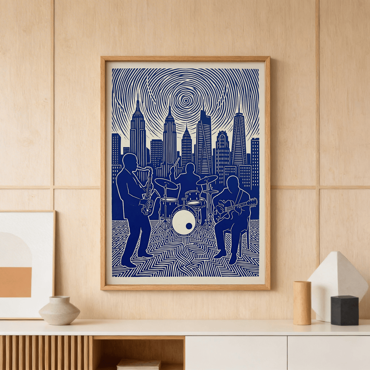 Graphic poster print of jazz trio silhouettes in front of city skyscrapers