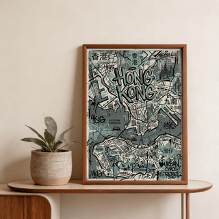 Framed Hong Kong Map Wall Art displaying Central and Kowloon annotations