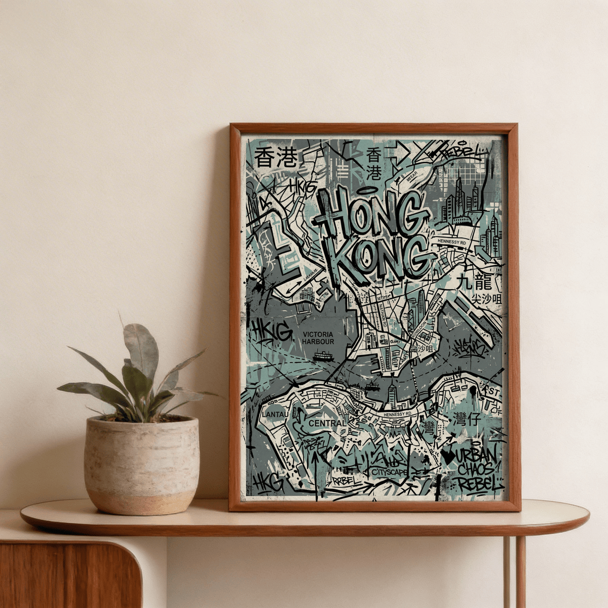 Framed Hong Kong Map Wall Art displaying Central and Kowloon annotations