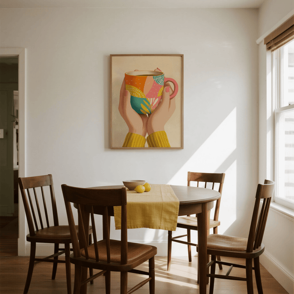 Whimsical Colorful Coffee Mug Art with orange, pink, and teal for bedroom print