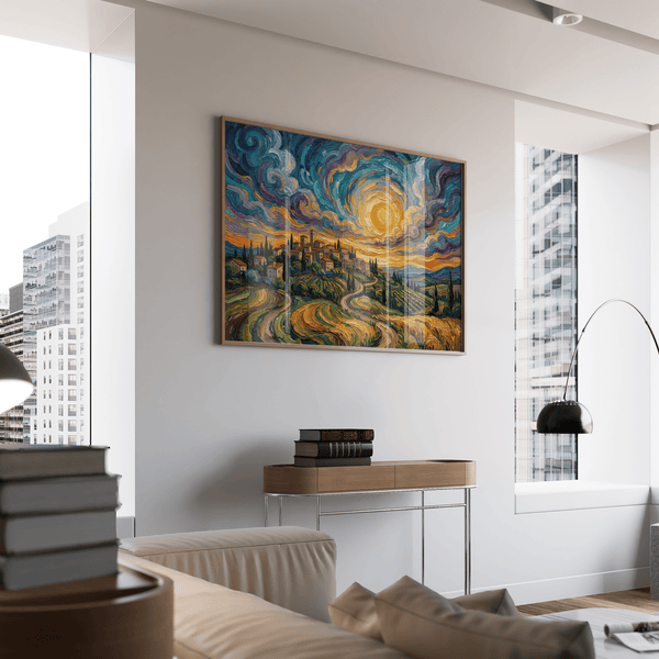 Sunset Scenery Wall Art with vibrant yellow for creative studio wall art