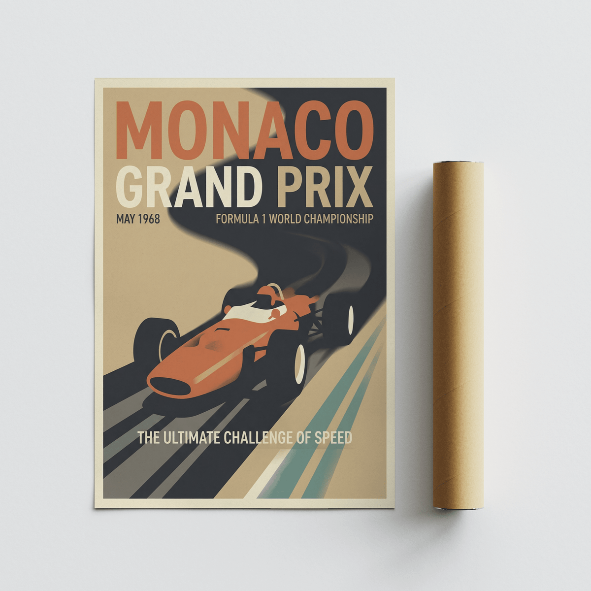 Graphic motorsport wall piece centered on a single-seater racing car in green and red