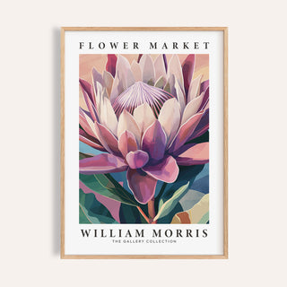 Framed Flower Wall Art of a king protea flower with pink and purple petals in a neutral background