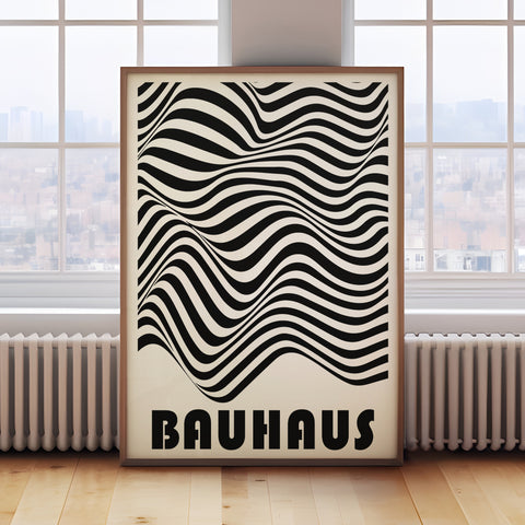 Modern geometric art print featuring Bauhaus-inspired black and white design.