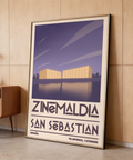 Vintage-style print with bold ZINEMALDIA typography above SAN SEBASTIAN lettering