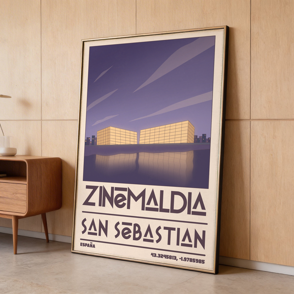 Vintage-style print with bold ZINEMALDIA typography above SAN SEBASTIAN lettering