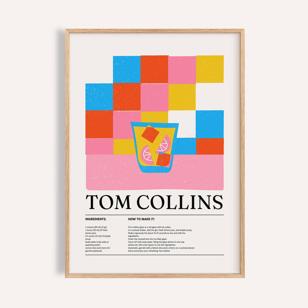 Retro-style colorful bar prints with a Tom Collins cocktail in pink and yellow

