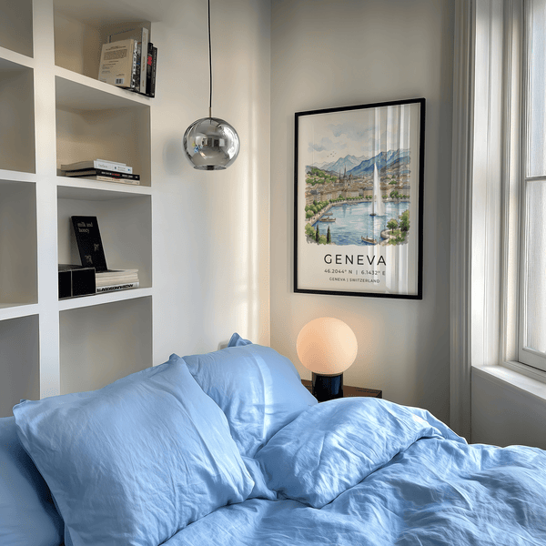 Travel cityscape Geneva print poster with shoreline buildings and boats