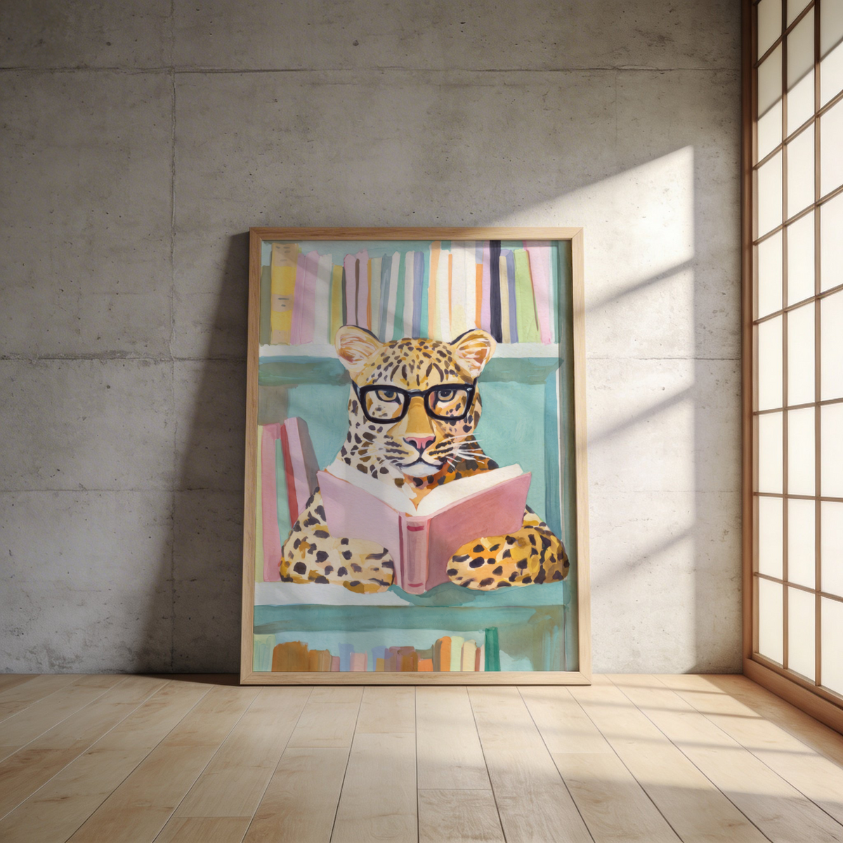 Library themed Reading Leopard Art Print with leopard in spectacles and book on a shelf