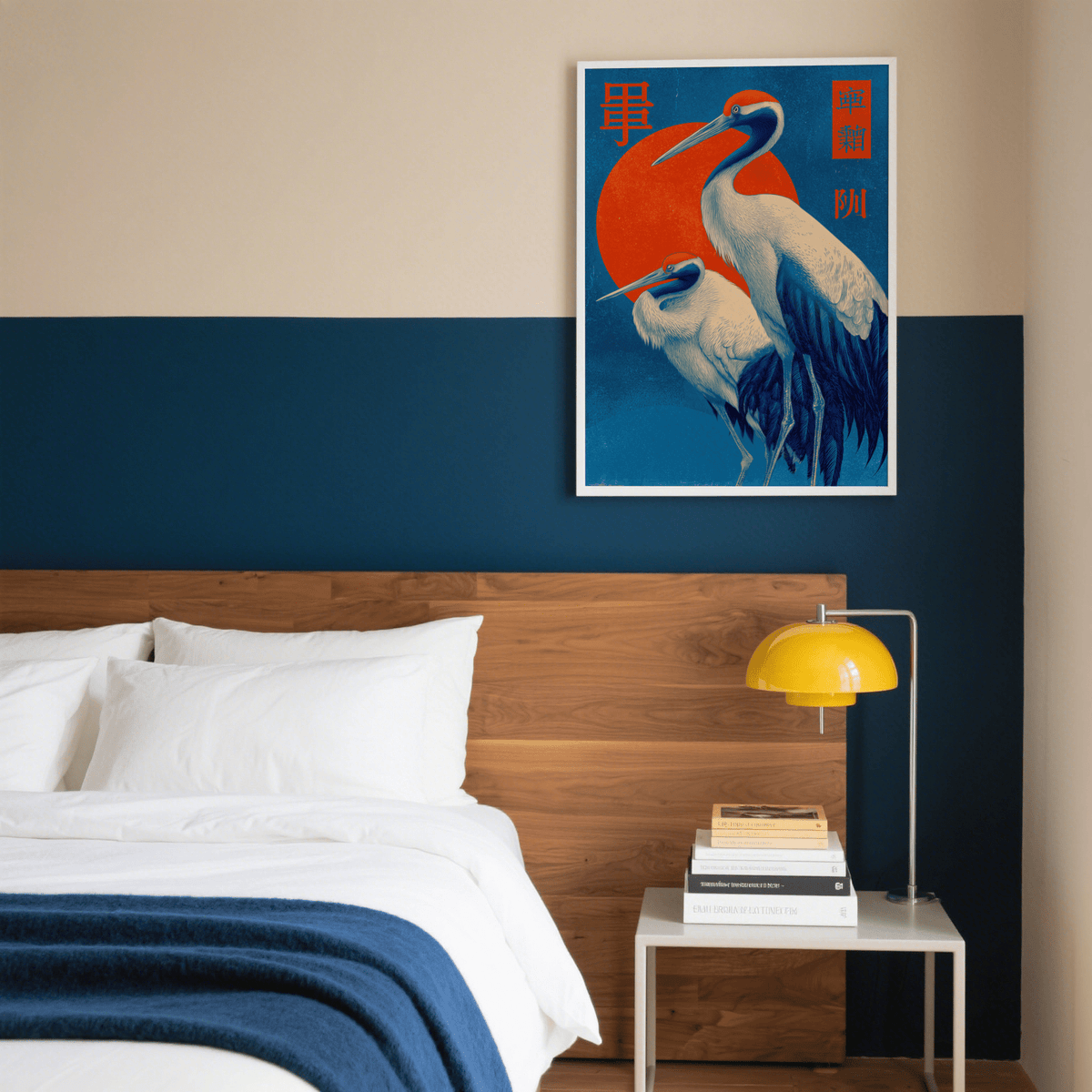 Cranes Art Print with Red accents, Blue and White, nursery décor