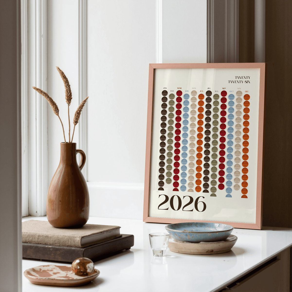 Big Calendar for Wall, red and beige accents, stylish hallway wall print