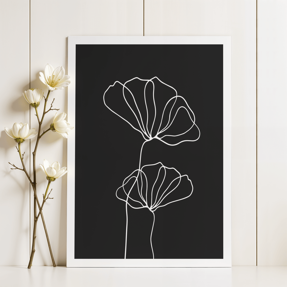 Line Art Floral Print featuring double flower outline and negative space
