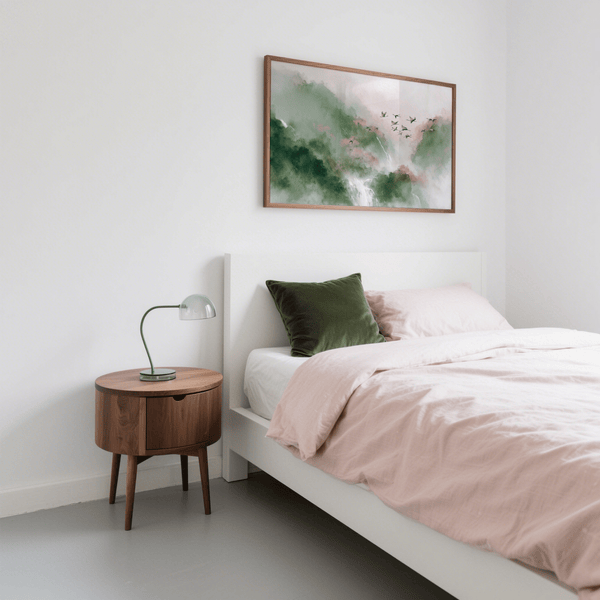 Watercolor Bird Print in Green and Pink, perfect for bedroom decor poster