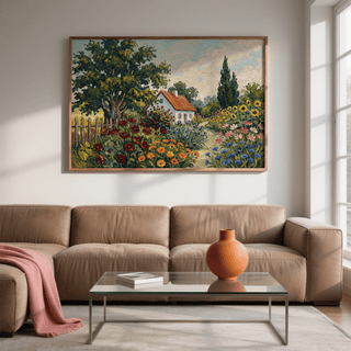 Cottage Garden Art Print in orange, green, and blue for entryway decor