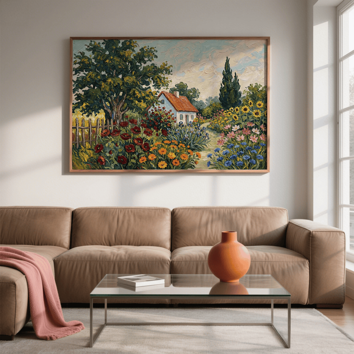 Cottage Garden Art Print in orange, green, and blue for entryway decor