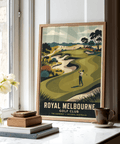 Royal Melbourne Golf Art print with golfer mid-swing and layered fairway shapes