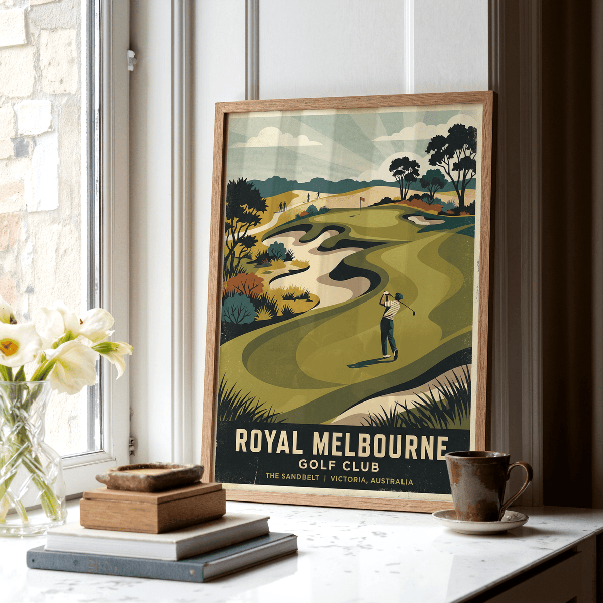 Royal Melbourne Golf Art print with golfer mid-swing and layered fairway shapes