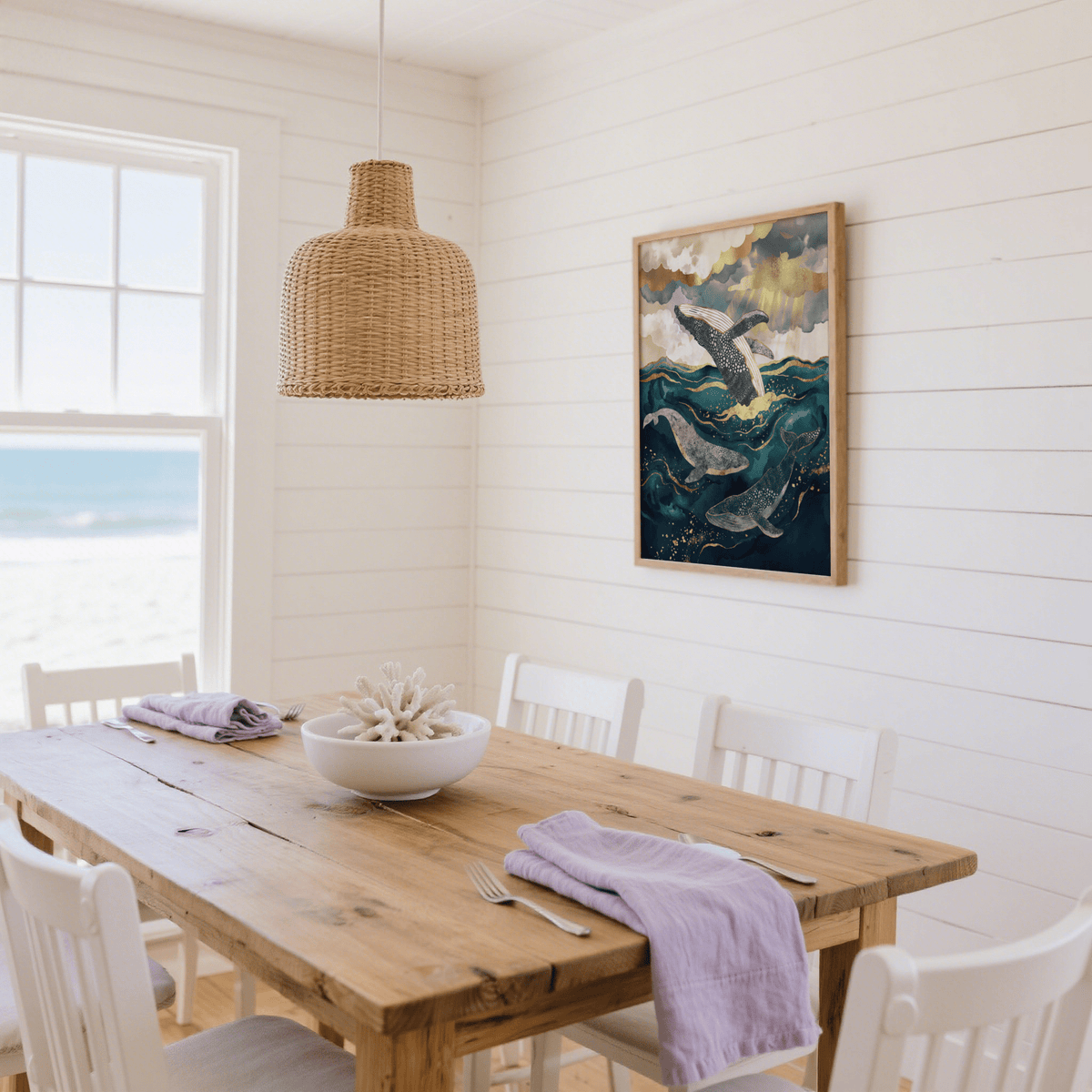 Modern Ocean Art Print featuring Blue Gold whales for hallway decor